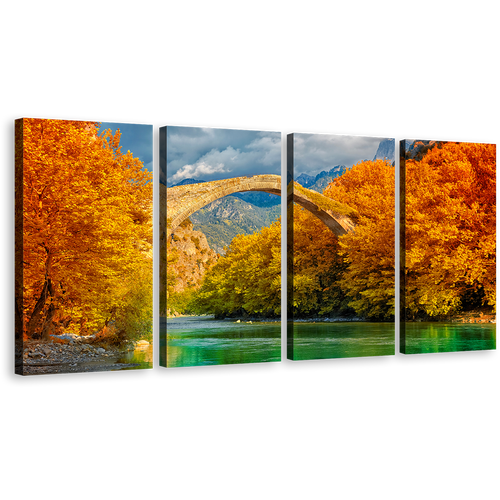 Blossom Trees Wall Art, Green Aoos River 4 Piece Canvas Print, Orange Greece Konitsa Bridge Landscape Multi Canvas