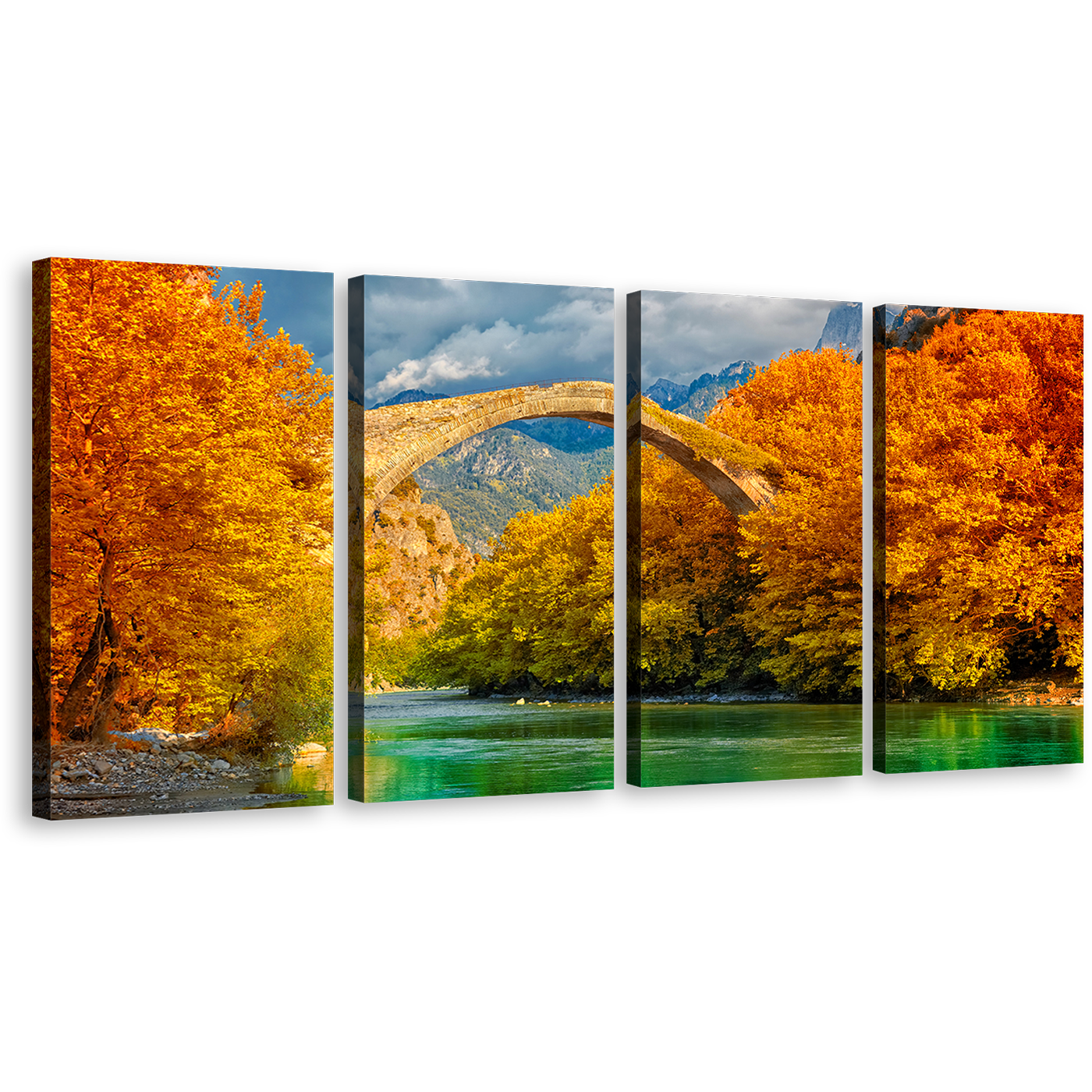 Blossom Trees Wall Art, Green Aoos River 4 Piece Canvas Print, Orange Greece Konitsa Bridge Landscape Multi Canvas