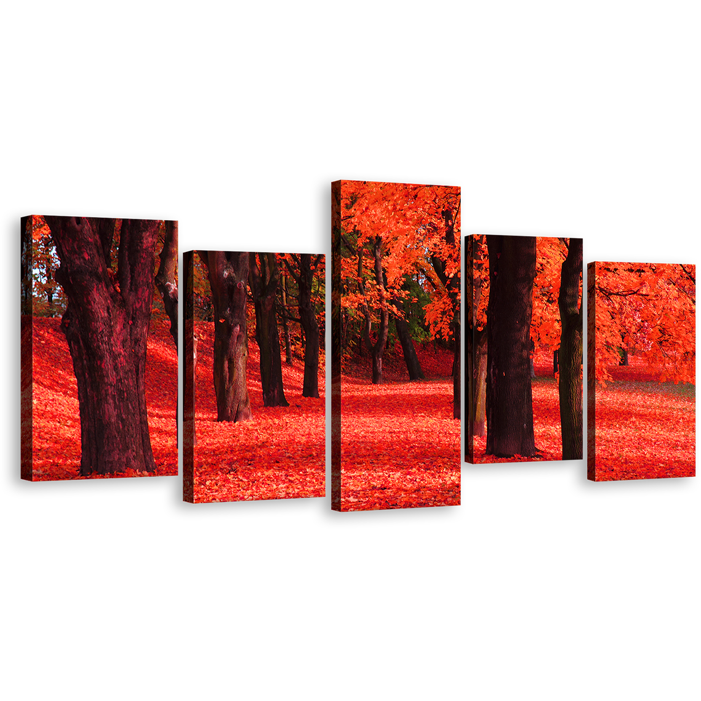 Blossoms Path Canvas Wall Art, Contemporary Red Forest Canvas Set, Beautiful Autumn Black Trees 5 Piece Canvas Print