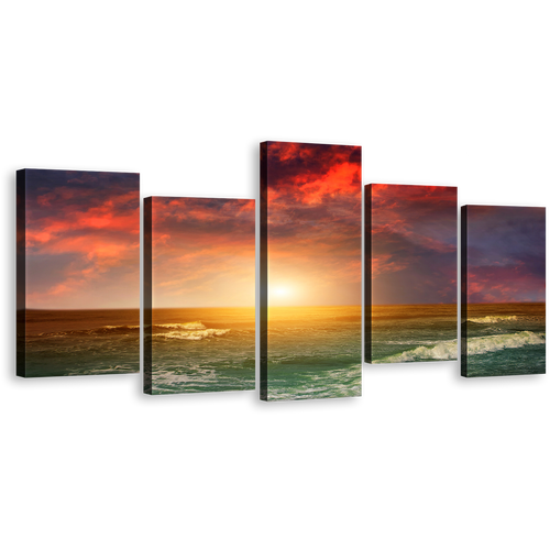 Blue Beach Canvas Print, Amazing Indian Ocean Scene 5 Piece Multi Canvas, Orange Sunset Seascape Wall Art