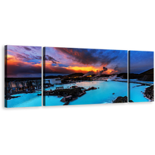 Load image into Gallery viewer, Blue Lagoon Canvas Print, Dramatic Orange Cloudy Sunset Seascape 3 Piece Multi Canvas, Blue Ocean Mountains Canvas Wall Art
