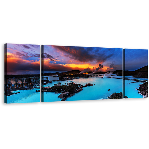 Blue Lagoon Canvas Print, Dramatic Orange Cloudy Sunset Seascape 3 Piece Multi Canvas, Blue Ocean Mountains Canvas Wall Art