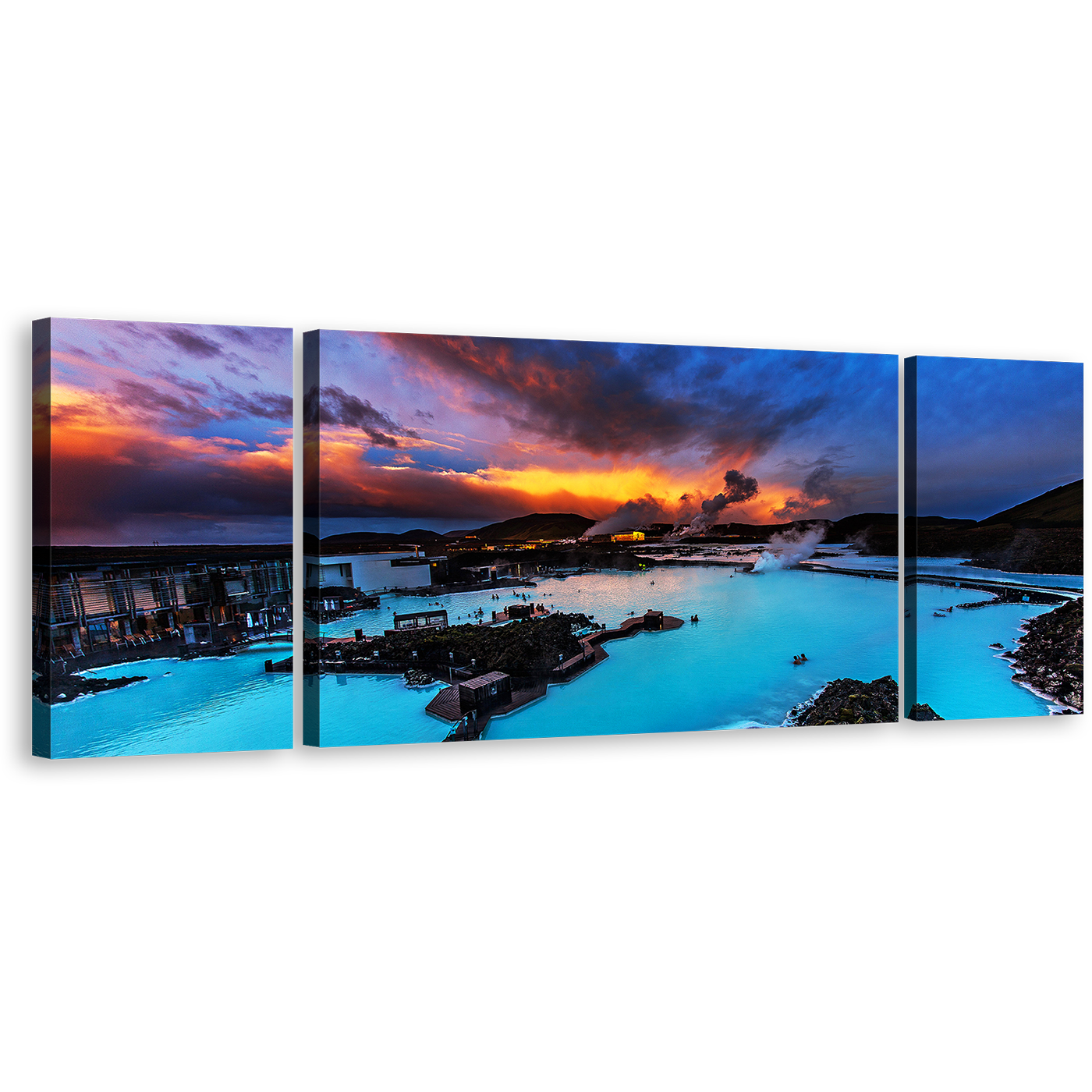 Blue Lagoon Canvas Print, Dramatic Orange Cloudy Sunset Seascape 3 Piece Multi Canvas, Blue Ocean Mountains Canvas Wall Art