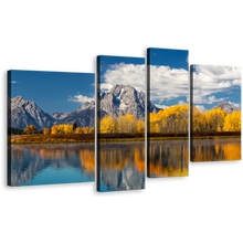 Load image into Gallery viewer, Blue River Canvas Wall Art, Guadalupe Landscape Canvas Print, Yellow Fall Trees Sky 4 Piece Multi Canvas Artwork
