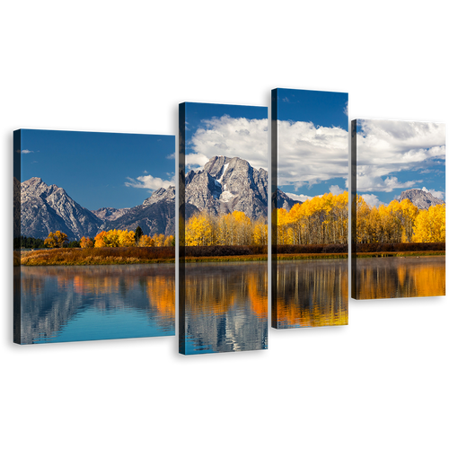 Blue River Canvas Wall Art, Guadalupe Landscape Canvas Print, Yellow Fall Trees Sky 4 Piece Multi Canvas Artwork