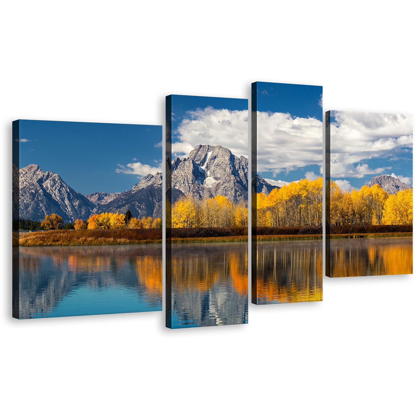 Blue River Canvas Wall Art, Guadalupe Landscape Canvas Print, Yellow Fall Trees Sky 4 Piece Multi Canvas Artwork