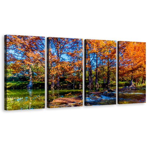 Blue Sky Canvas Wall Art, Guadalupe Trees 4 Piece Canvas, Orange Forest River Canvas Print