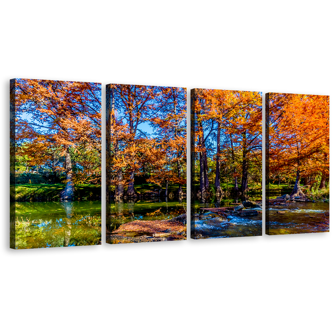 Blue Sky Canvas Wall Art, Guadalupe Trees 4 Piece Canvas, Orange Forest River Canvas Print