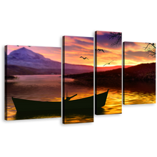 Load image into Gallery viewer, Boat Scenery Canvas Print, Purple Mountain Sky Multi Canvas Artwork, Yellow Sea Birds Sunset 4 Piece Canvas Wall Art
