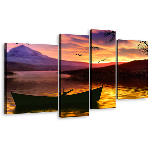 Boat Scenery Canvas Print, Purple Mountain Sky Multi Canvas Artwork, Yellow Sea Birds Sunset 4 Piece Canvas Wall Art