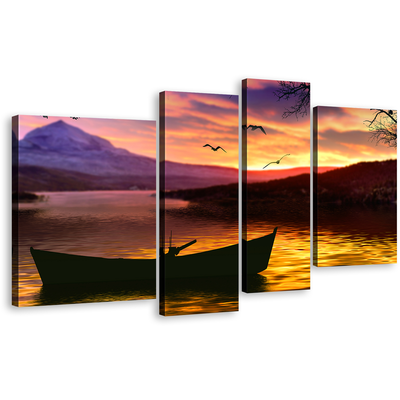 Boat Scenery Canvas Print, Purple Mountain Sky Multi Canvas Artwork, Yellow Sea Birds Sunset 4 Piece Canvas Wall Art