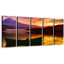 Load image into Gallery viewer, Boat Mountain Canvas Wall Art, Yellow Sea Birds Sunset Canvas Set, Beautiful Purple Sky 5 Piece Canvas Print
