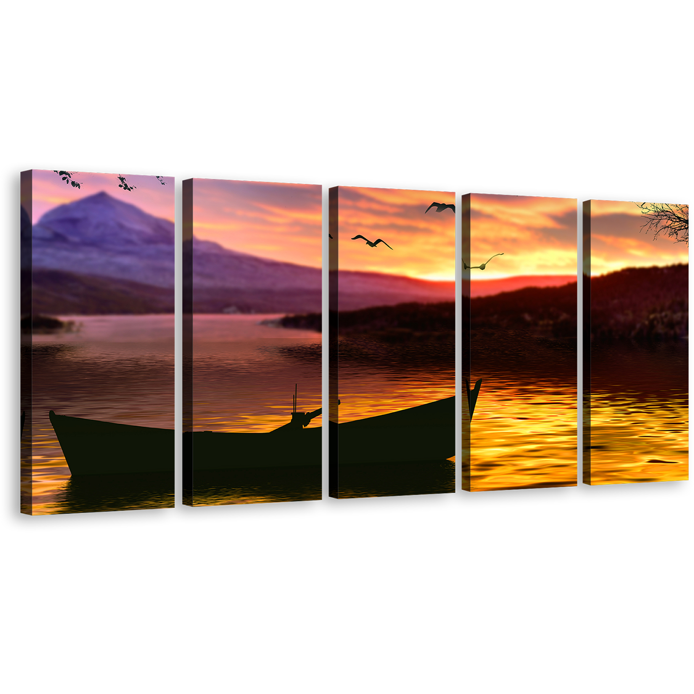 Boat Mountain Canvas Wall Art, Yellow Sea Birds Sunset Canvas Set, Beautiful Purple Sky 5 Piece Canvas Print