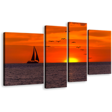 Load image into Gallery viewer, Boat Sea Canvas Wall Art, Orange Sky Sailing Boat Canvas Print, Birds Flying In Yellow Sunset 4 Piece Canvas
