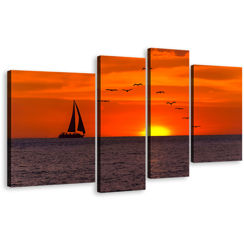 Boat Sea Canvas Wall Art, Orange Sky Sailing Boat Canvas Print, Birds Flying In Yellow Sunset 4 Piece Canvas