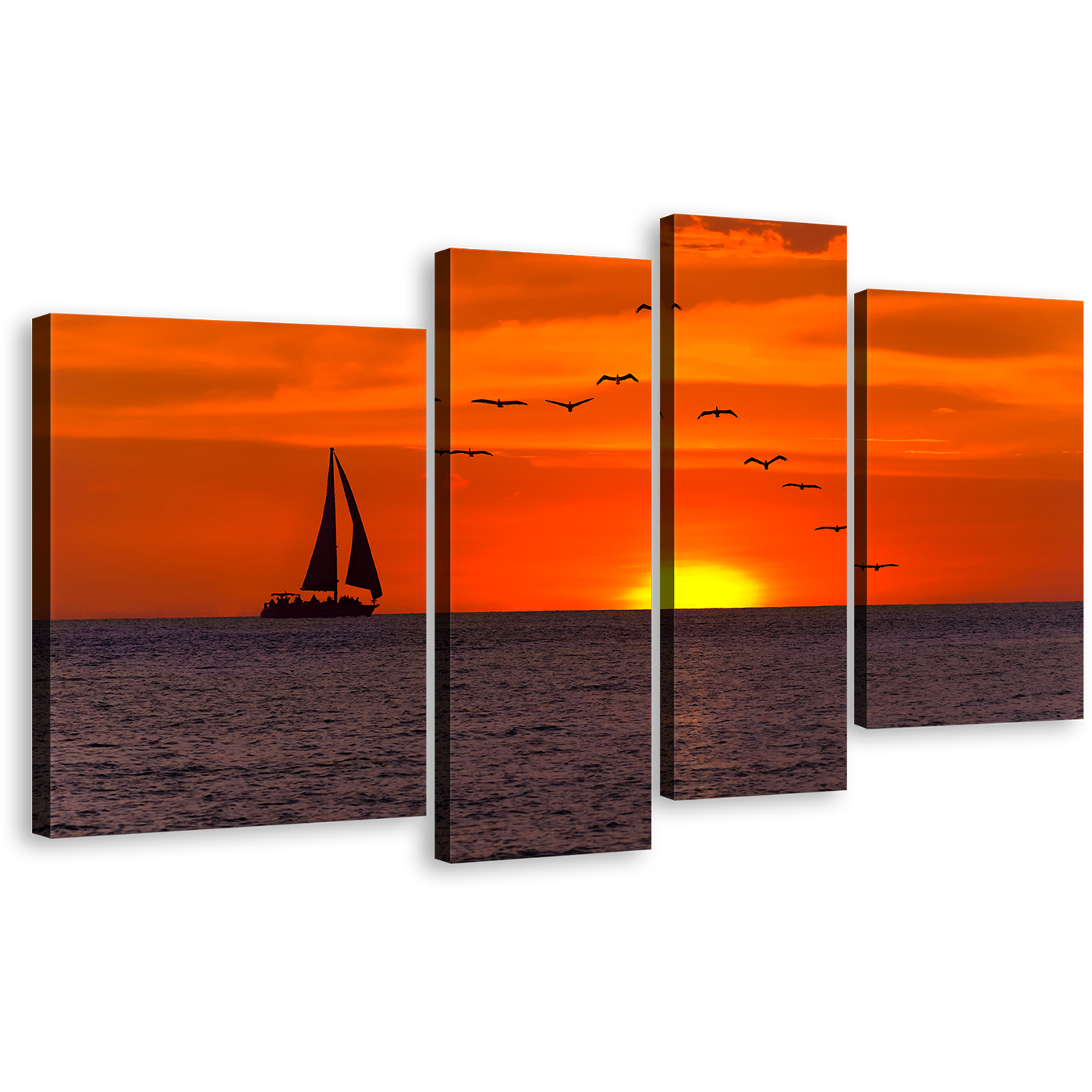 Boat Sea Canvas Wall Art, Orange Sky Sailing Boat Canvas Print, Birds Flying In Yellow Sunset 4 Piece Canvas