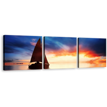 Load image into Gallery viewer, Boat Seascape Canvas Wall Art, Dramatic Blue Sky Sailboat Seascape Canvas Print, Orange Sunset Sky Sea 3 Piece Canvas
