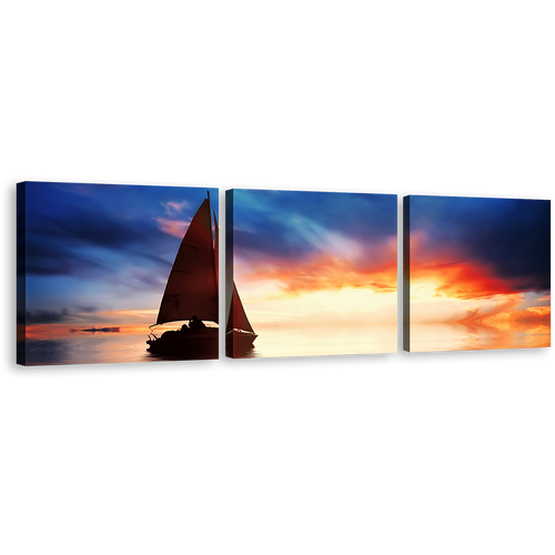 Boat Seascape Canvas Wall Art, Dramatic Blue Sky Sailboat Seascape Canvas Print, Orange Sunset Sky Sea 3 Piece Canvas