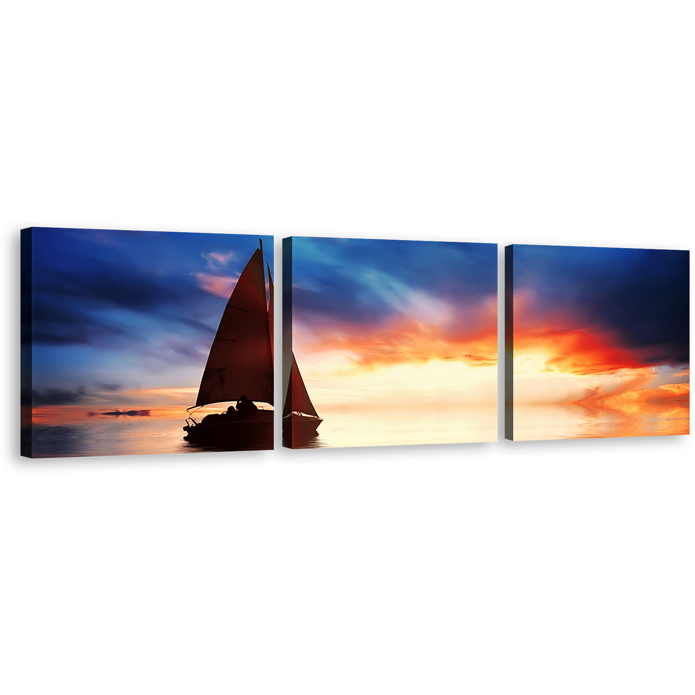 Boat Seascape Canvas Wall Art, Dramatic Blue Sky Sailboat Seascape Canvas Print, Orange Sunset Sky Sea 3 Piece Canvas