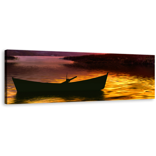 Boat Seascape Canvas Wall Art, Purple Mountains Sky 1 Piece Canvas Print, Yellow Sea Sunset Wide Canvas Artwork