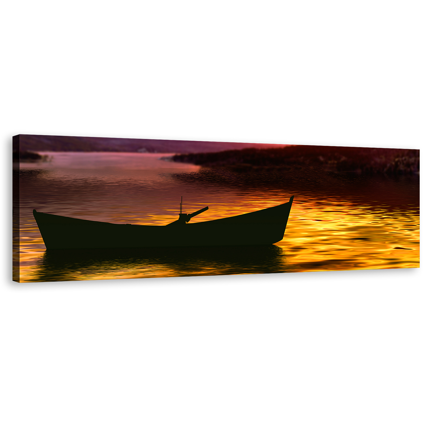 Boat Seascape Canvas Wall Art, Purple Mountains Sky 1 Piece Canvas Print, Yellow Sea Sunset Wide Canvas Artwork