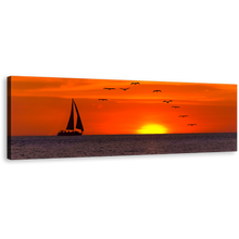 Load image into Gallery viewer, Boat Ship Canvas Print, Birds Flying in Orange Sky Wide Canvas, Yellow Sunset Seascape 1 Piece Canvas Wall Art
