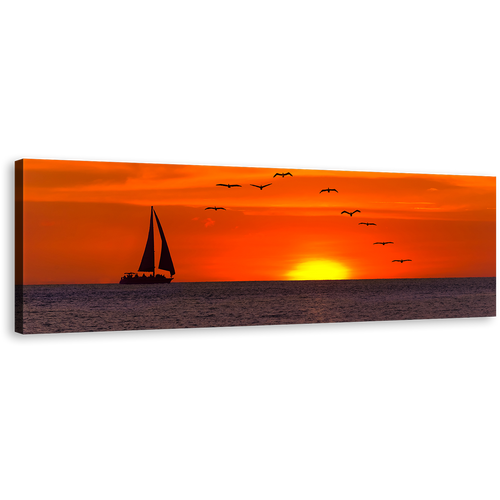 Boat Ship Canvas Print, Birds Flying in Orange Sky Wide Canvas, Yellow Sunset Seascape 1 Piece Canvas Wall Art