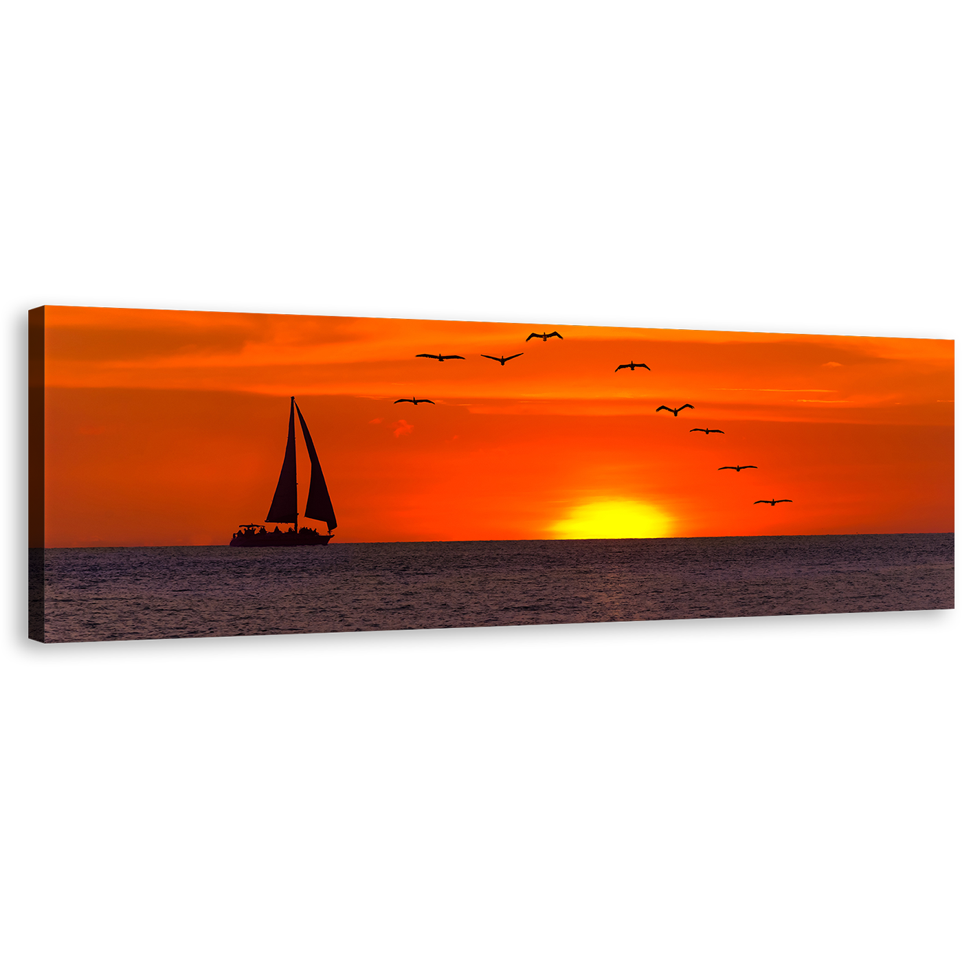 Boat Ship Canvas Print, Birds Flying in Orange Sky Wide Canvas, Yellow Sunset Seascape 1 Piece Canvas Wall Art