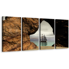 Load image into Gallery viewer, Boat Ship Canvas Print, Sailing Pirate Boat Ship in Brown Cave Seascape 4 Piece Wall Art, Amazing Grey Sky Sea Multi Canvas
