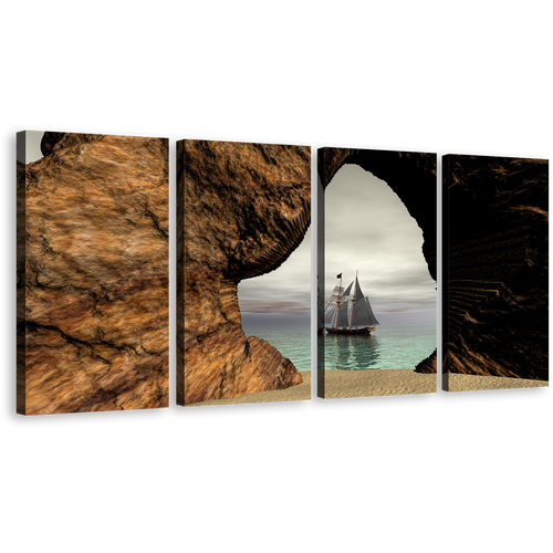 Boat Ship Canvas Print, Sailing Pirate Boat Ship in Brown Cave Seascape 4 Piece Wall Art, Amazing Grey Sky Sea Multi Canvas