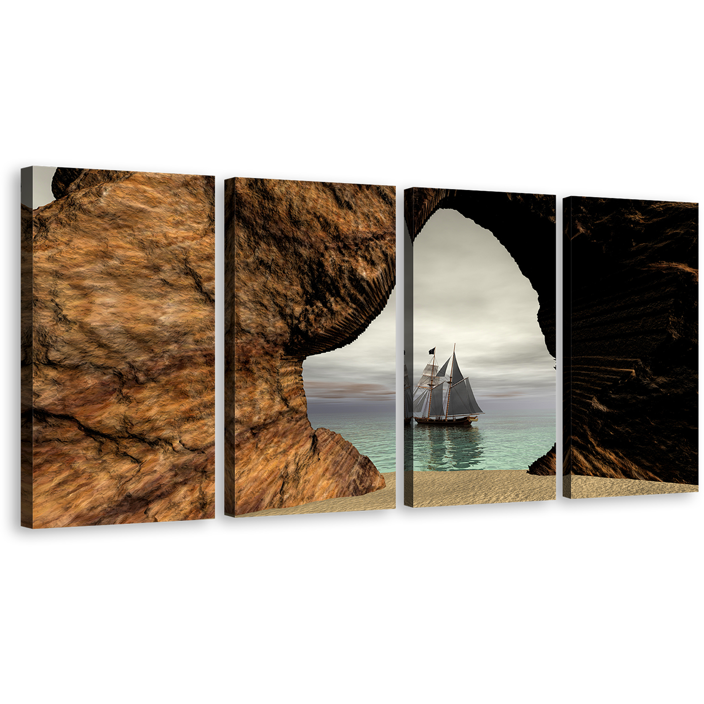 Boat Ship Canvas Print, Sailing Pirate Boat Ship in Brown Cave Seascape 4 Piece Wall Art, Amazing Grey Sky Sea Multi Canvas