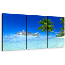 Load image into Gallery viewer, Boat Ship Canvas Wall Art, Blue Sky Cruise Ship Seascape Multi Canvas, Tropical Green Tree Island 3 Piece Canvas Print
