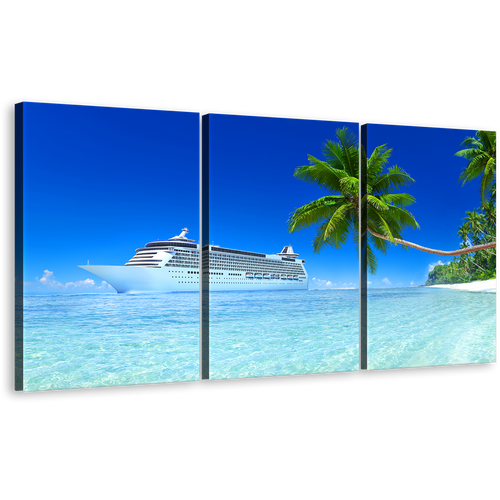 Boat Ship Canvas Wall Art, Blue Sky Cruise Ship Seascape Multi Canvas, Tropical Green Tree Island 3 Piece Canvas Print