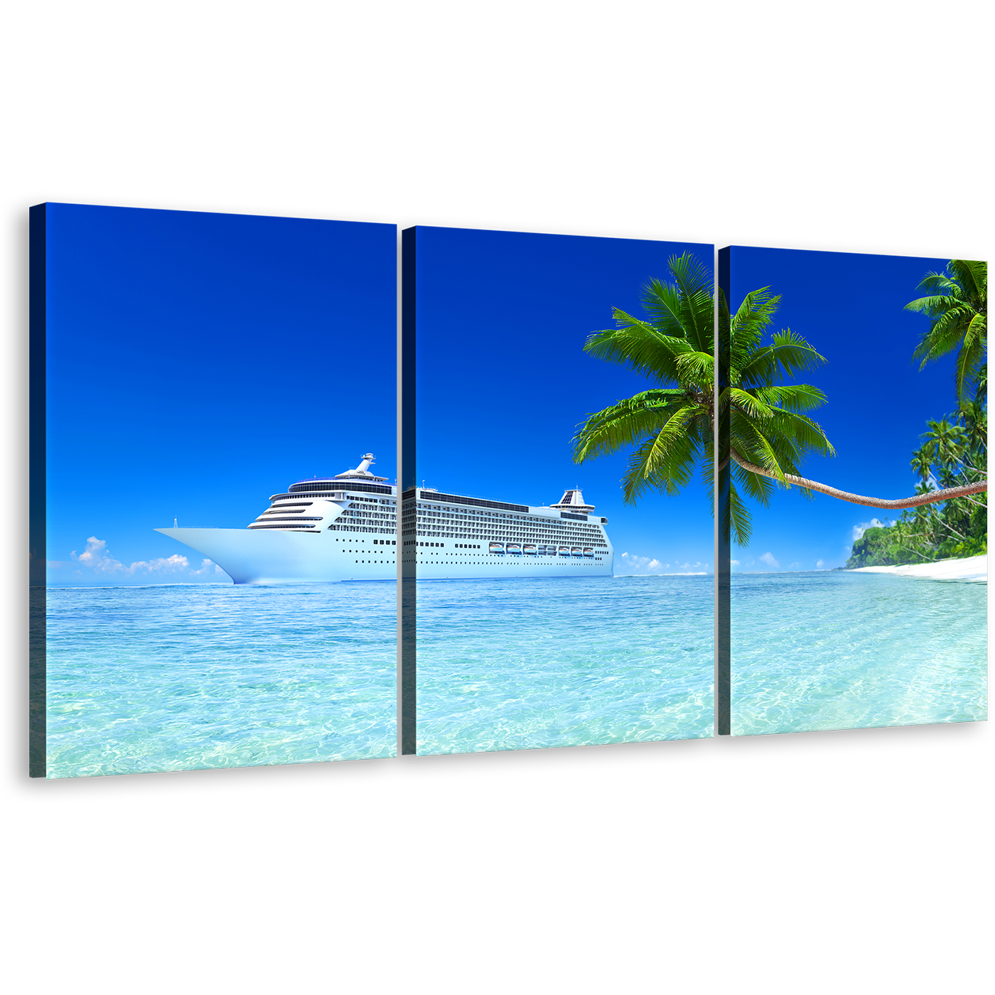 Boat Ship Canvas Wall Art, Blue Sky Cruise Ship Seascape Multi Canvas, Tropical Green Tree Island 3 Piece Canvas Print