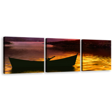 Load image into Gallery viewer, Boat Ship Canvas Wall Art, Yellow Sea Sunset 3 Piece Multi Canvas, Purple Mountains Sky Triptych Canvas Print
