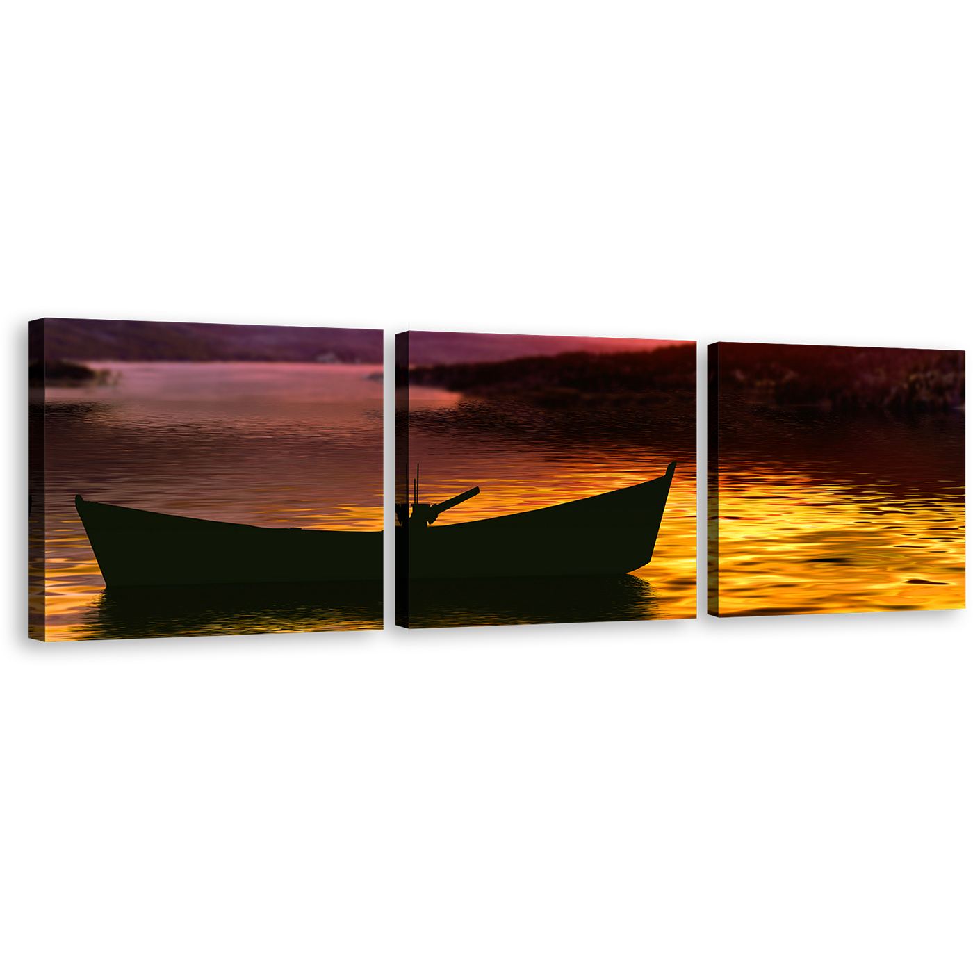 Boat Ship Canvas Wall Art, Yellow Sea Sunset 3 Piece Multi Canvas, Purple Mountains Sky Triptych Canvas Print