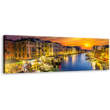 Load image into Gallery viewer, Boats Canal Wall Art, Blue Venice River Canvas Print, Orange Sunset Sky Panoramic Canvas Art
