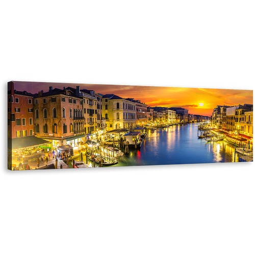 Boats Canal Wall Art, Blue Venice River Canvas Print, Orange Sunset Sky Panoramic Canvas Art