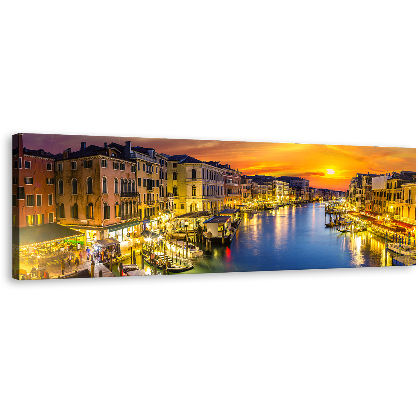 Boats Canal Wall Art, Blue Venice River Canvas Print, Orange Sunset Sky Panoramic Canvas Art