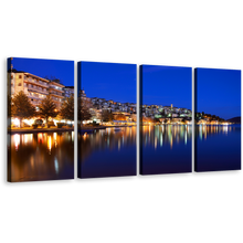 Load image into Gallery viewer, Boats Seascape Canvas Print, Blue Sky Cityscape Multiple Canvas, Yellow Greece Houses Light Reflection 4 Piece Wall Art
