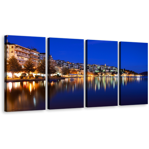 Boats Seascape Canvas Print, Blue Sky Cityscape Multiple Canvas, Yellow Greece Houses Light Reflection 4 Piece Wall Art