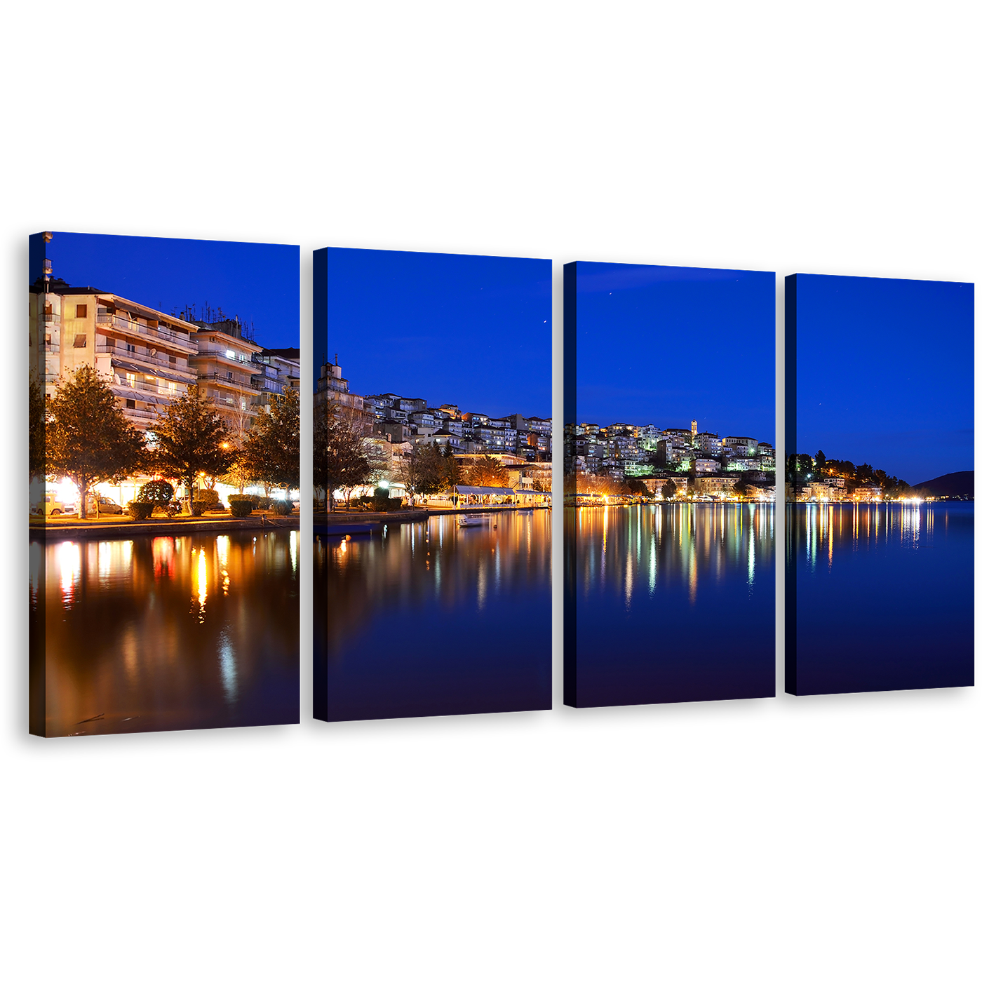 Boats Seascape Canvas Print, Blue Sky Cityscape Multiple Canvas, Yellow Greece Houses Light Reflection 4 Piece Wall Art