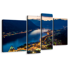 Load image into Gallery viewer, Boka Kotorska Canvas Wall Art, Bay of Kotor 4 Piece Multiple Canvas, City Mountain Yellow Lights Houses Canvas Set, Blue Night Montenegro Mountains Canvas Print
