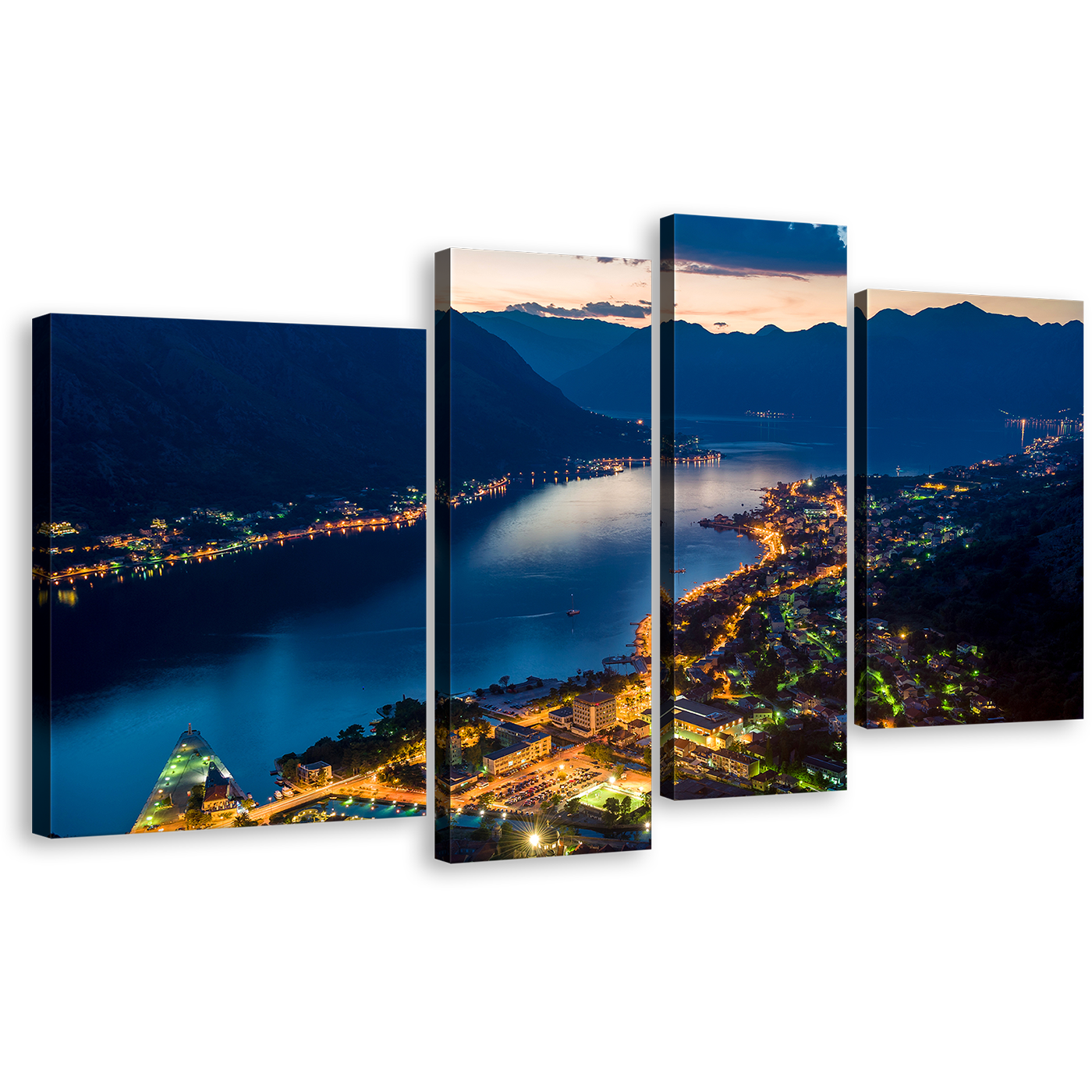 Boka Kotorska Canvas Wall Art, Bay of Kotor 4 Piece Multiple Canvas, City Mountain Yellow Lights Houses Canvas Set, Blue Night Montenegro Mountains Canvas Print