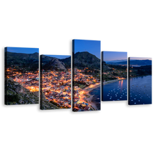 Load image into Gallery viewer, Bolivia Mountain Canvas Print, Copacabana Yellow City Beach 5 Piece Canvas Wall Art, Blue Lake Titicaca Mountain City Canvas Set
