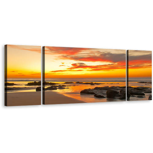 Boulders Seascape Wall Art, Orange Cloudy Sky Beach Canvas Print, Yellow Ocean Rocks 3 Piece Canvas Set