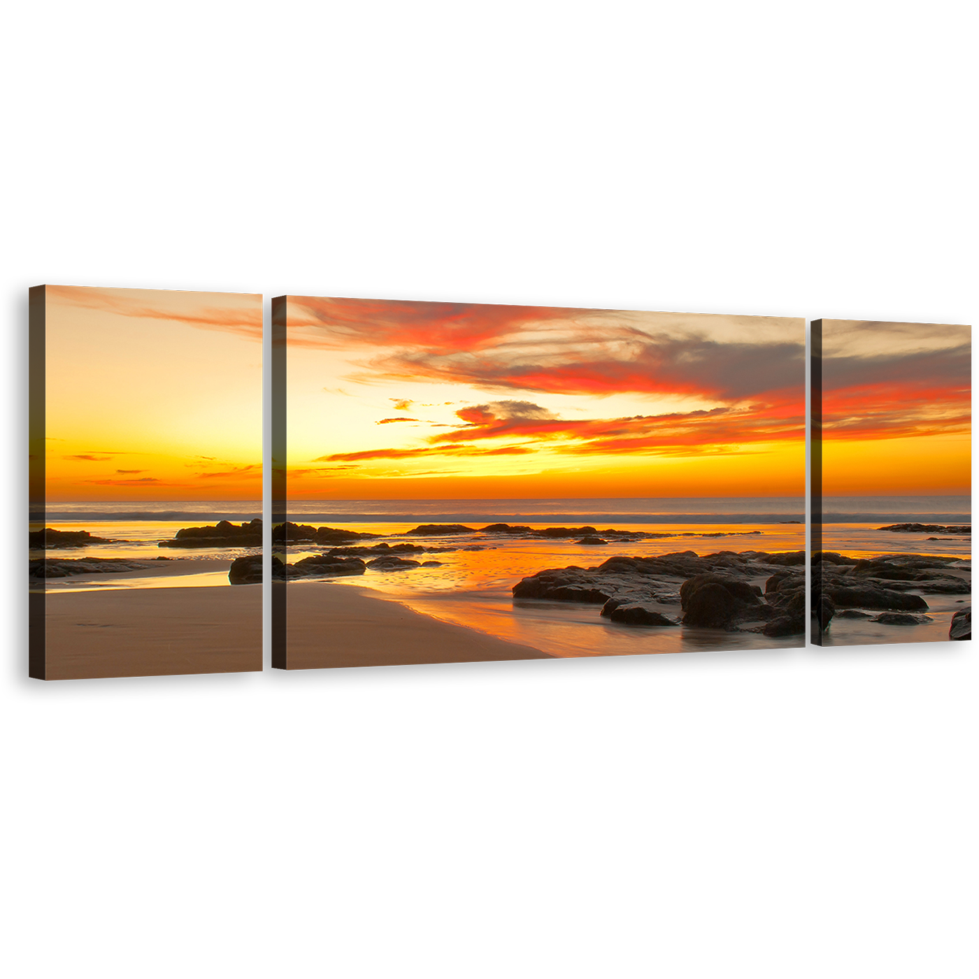 Boulders Seascape Wall Art, Orange Cloudy Sky Beach Canvas Print, Yellow Ocean Rocks 3 Piece Canvas Set