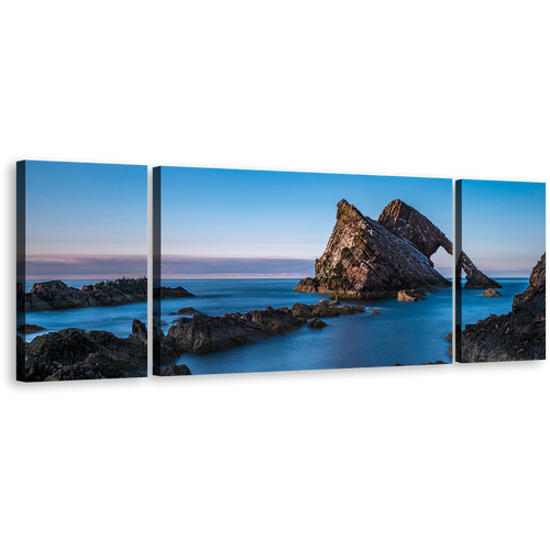 Bow Fiddle Canvas Print, Blue Sky Ocean Coast 3 Piece Canvas Wall Art, Brown Ocean Rocks Triptych Multiple Canvas