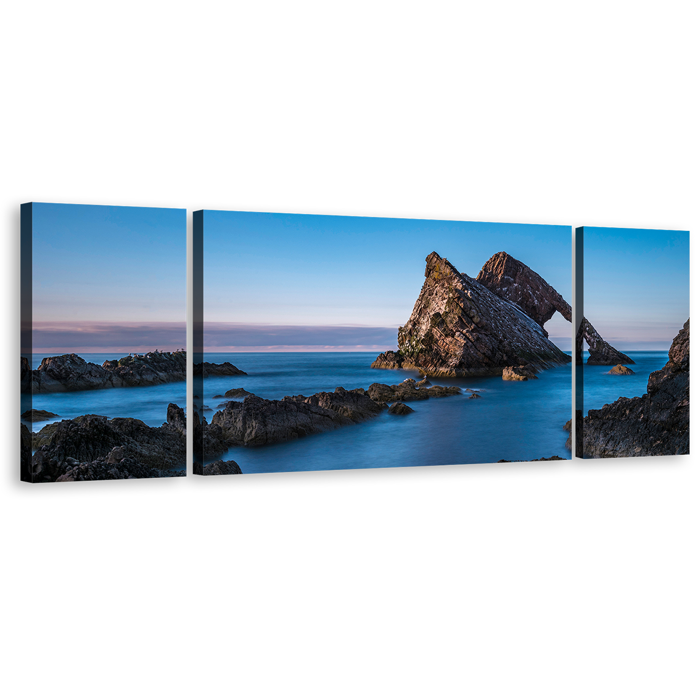 Bow Fiddle Canvas Print, Blue Sky Ocean Coast 3 Piece Canvas Wall Art, Brown Ocean Rocks Triptych Multiple Canvas