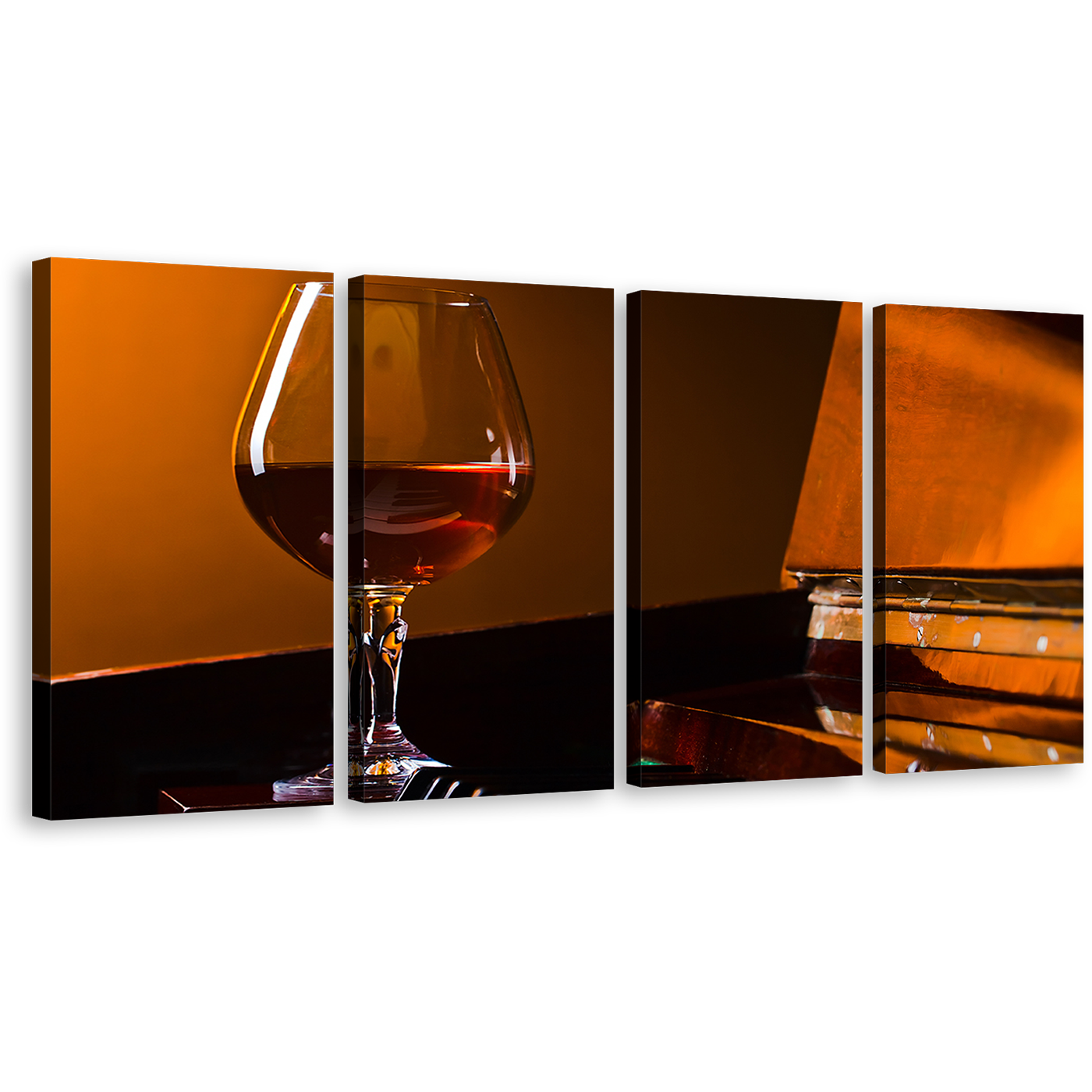 Brandy Glass Canvas Wall Art, Brown Piano and liquor Glass Multiple Canvas, Orange Piano Warmth 4 Piece Canvas Print